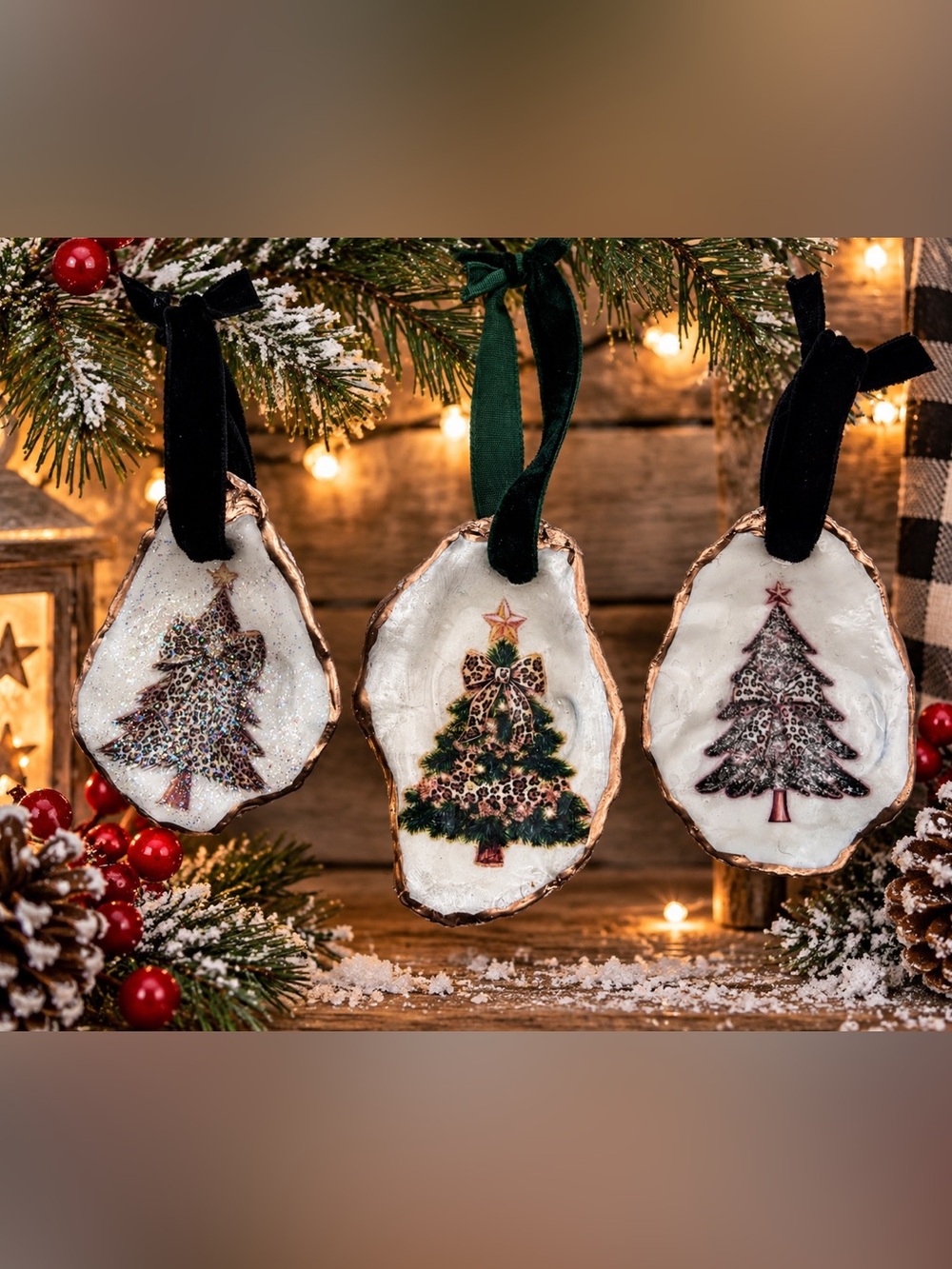 Holiday Tree Oyster Shell Ornament - Green Leopard Print